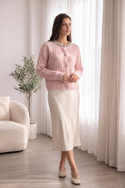 Pastel Pink Mohair-Blend Knit Cardigan with Rhinestone Embellishment pastel pink mohair-blend knit cardigan - product view 9