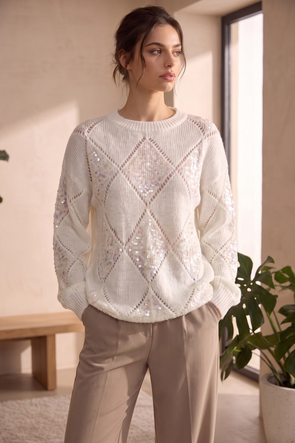 White Textured Knit Relaxed Sweater with Diamond Sequin Panels white textured knit sweater - product view 9
