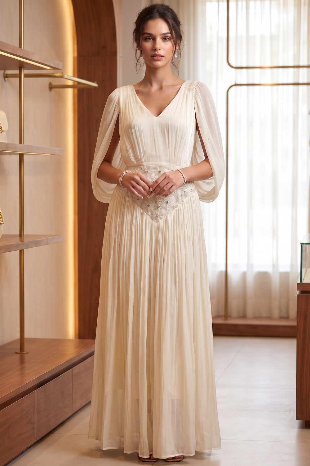 Cream Chiffon A-Line Gown with Cape Sleeves cream chiffon gown - product view 9
