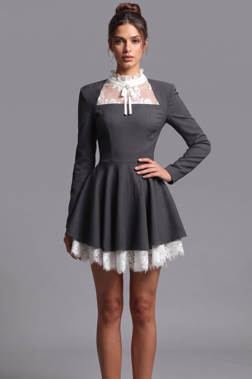 Dark Grey Structured Woven Suiting Fit-and-Flare Mini Dress dark grey structured woven suiting fabric mini dress - product view 9