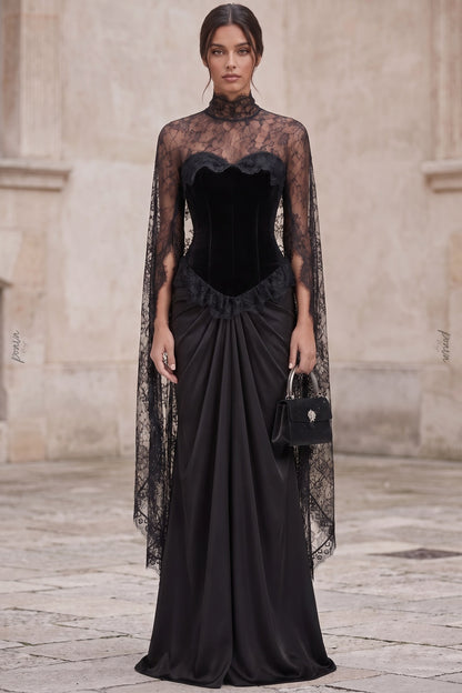 Black Velvet Corset Evening Gown with Lace Cape Sleeves and Satin Skirt black velvet bodice, satin skirt evening gown - product view 9