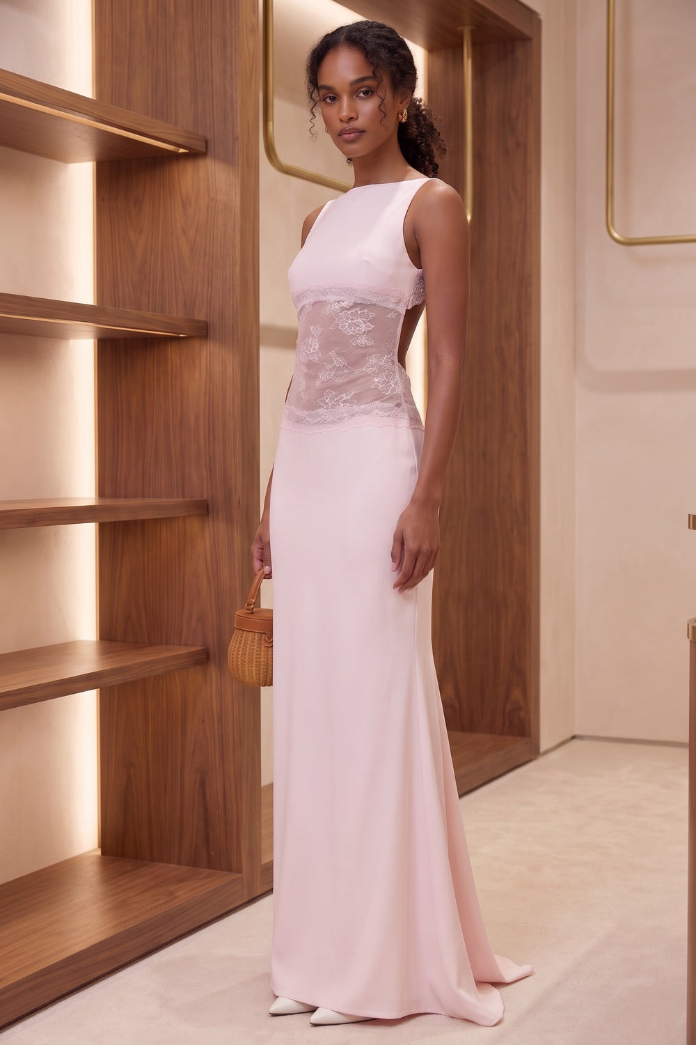 Soft Pink Lace Panel Maxi Dress Premium Fabric - product view 7