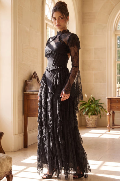 Black Floral Lace A-Line Gown with Structured Bodice and Tiered Skirt black floral lace gown - product view 9