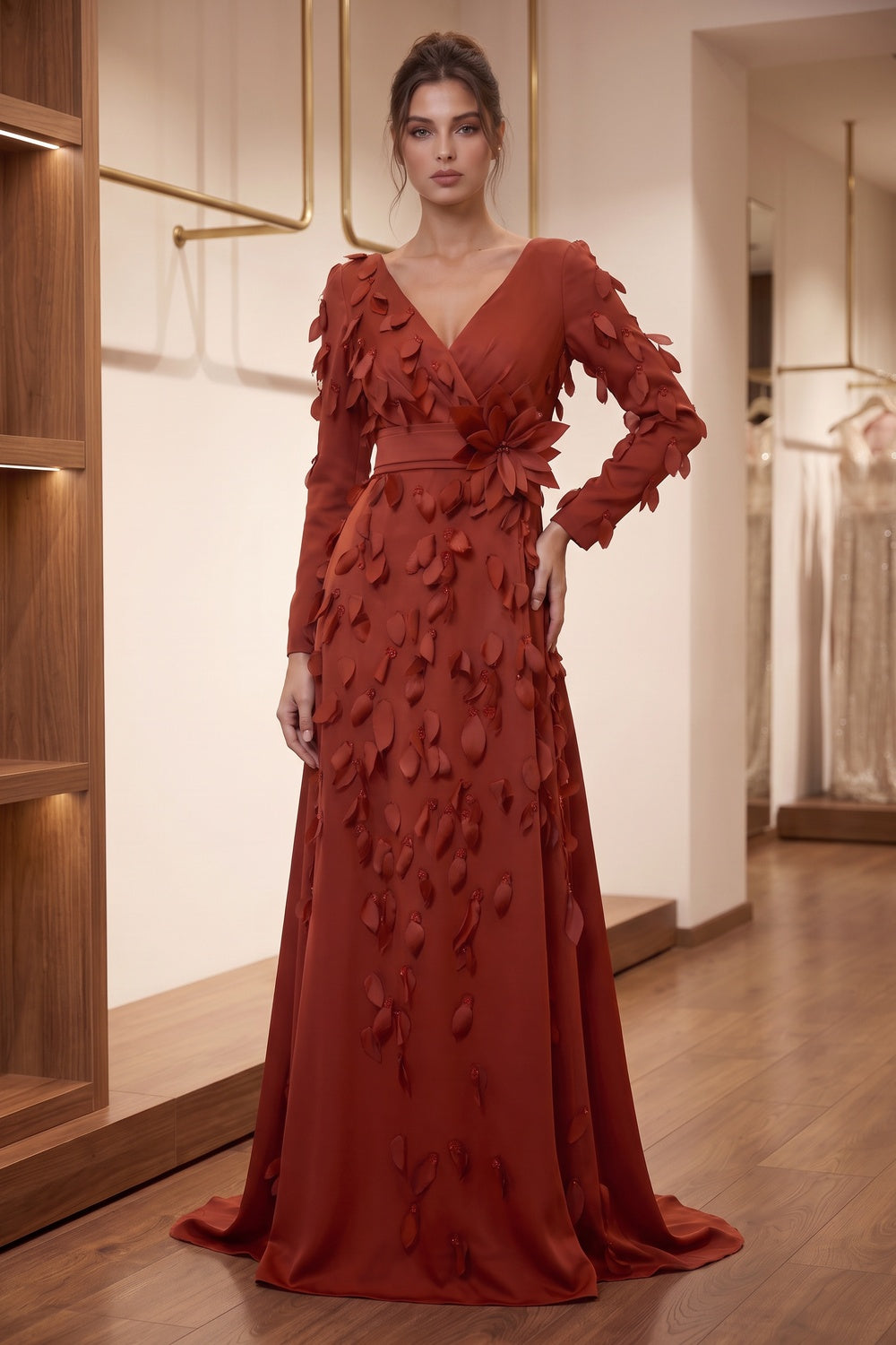 Rust Red Satin-Crepe A-Line Evening Gown with 3D Leaf Appliqués rust red satin-crepe evening gown - product view 9