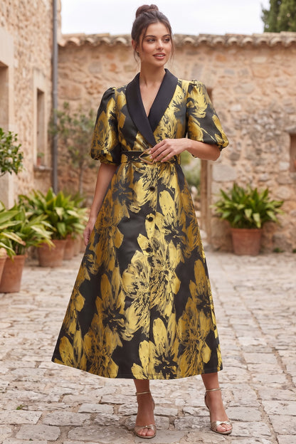 Gold Floral Jacquard A-Line Midi Dress with Contrasted Collar gold, black jacquard dress - product view 9