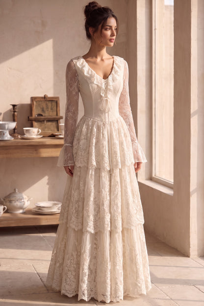 Cream Floral Lace Tiered Maxi Dress with Lace-Up Bodice cream floral lace dress - product view 9