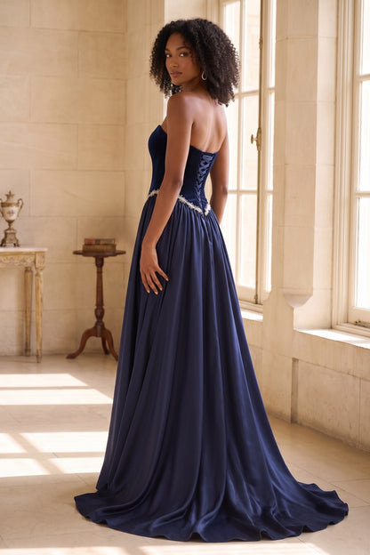 Navy Blue Strapless Velvet and Satin Evening Gown Premium Fabric - product view 6