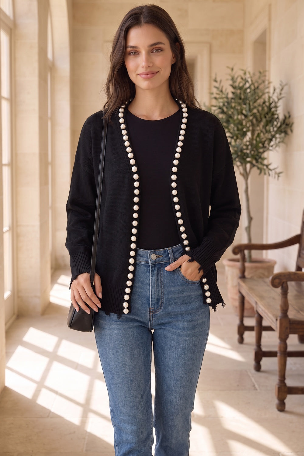 Black Knit Cardigan with Pearl Trim and Frayed Details black knit cardigan - product view 9