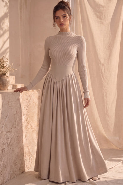 Beige Ribbed Knit Maxi Dress beige knit dress - product view 9