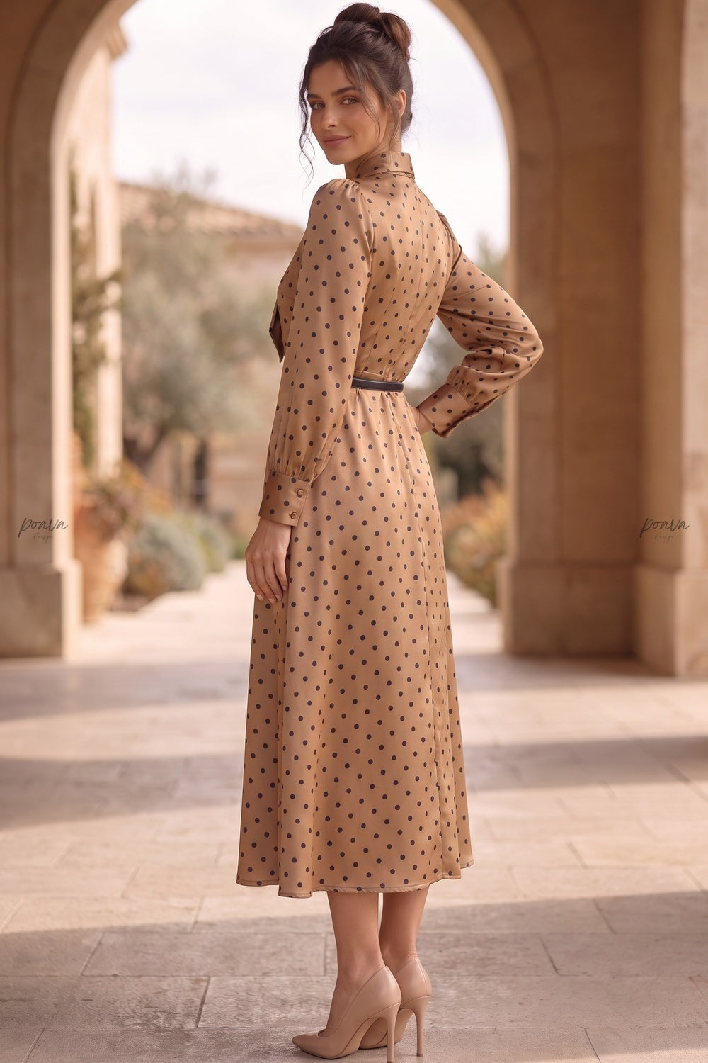 Bronze-gold Satin Polka Dot A-line Midi Dress Bronze-gold Satin Midi dress - product view 8