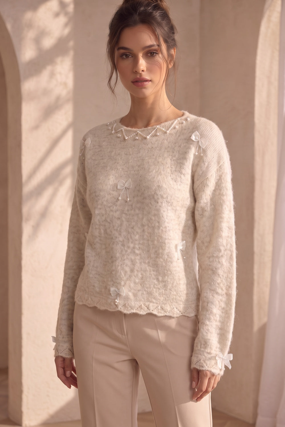 Cream Mohair-Blend Knit Sweater with Pearl and Ribbon Details cream, off-white mohair-blend knit sweater - product view 9