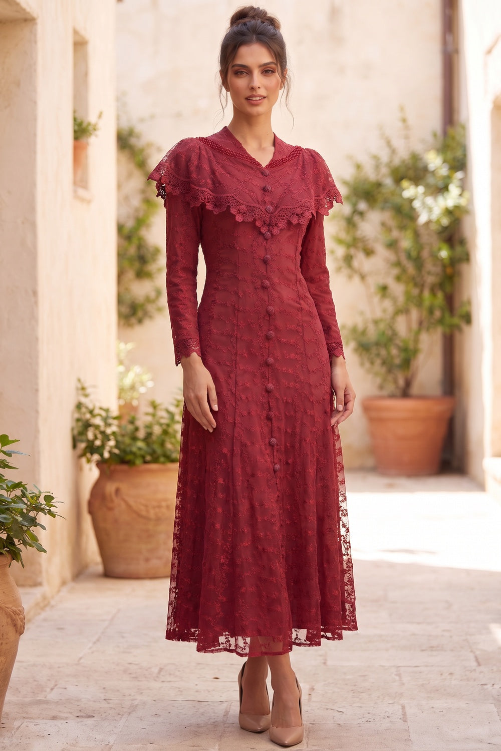 Deep Red Embroidered Floral Lace A-Line Midi Dress deep red embroidered floral lace overlay dress - product view 9