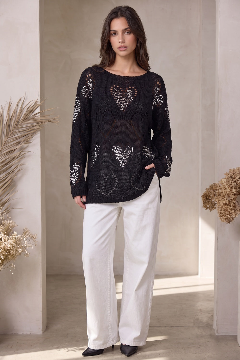 Black Open-Work Knit Oversized Sweater with Silver Sequin Hearts black open-work knit sweater - product view 9