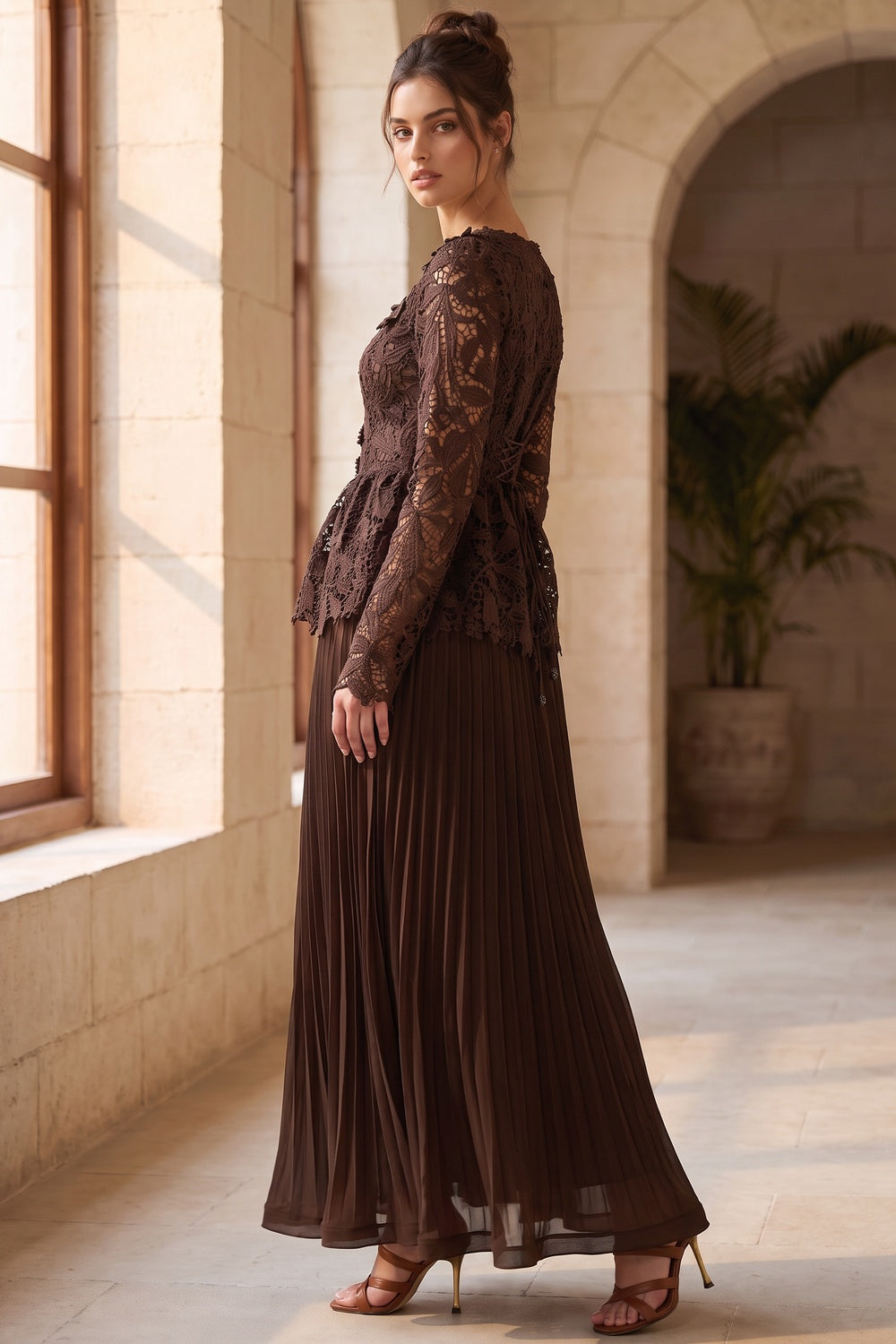 Dark Brown Guipure Lace Peplum Top & Pleated Maxi Skirt Two-Piece Set dark brown guipure lace two-piece skirt set - product view 9