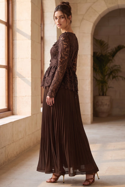Dark Brown Guipure Lace Peplum Top & Pleated Maxi Skirt Two-Piece Set dark brown guipure lace two-piece skirt set - product view 9