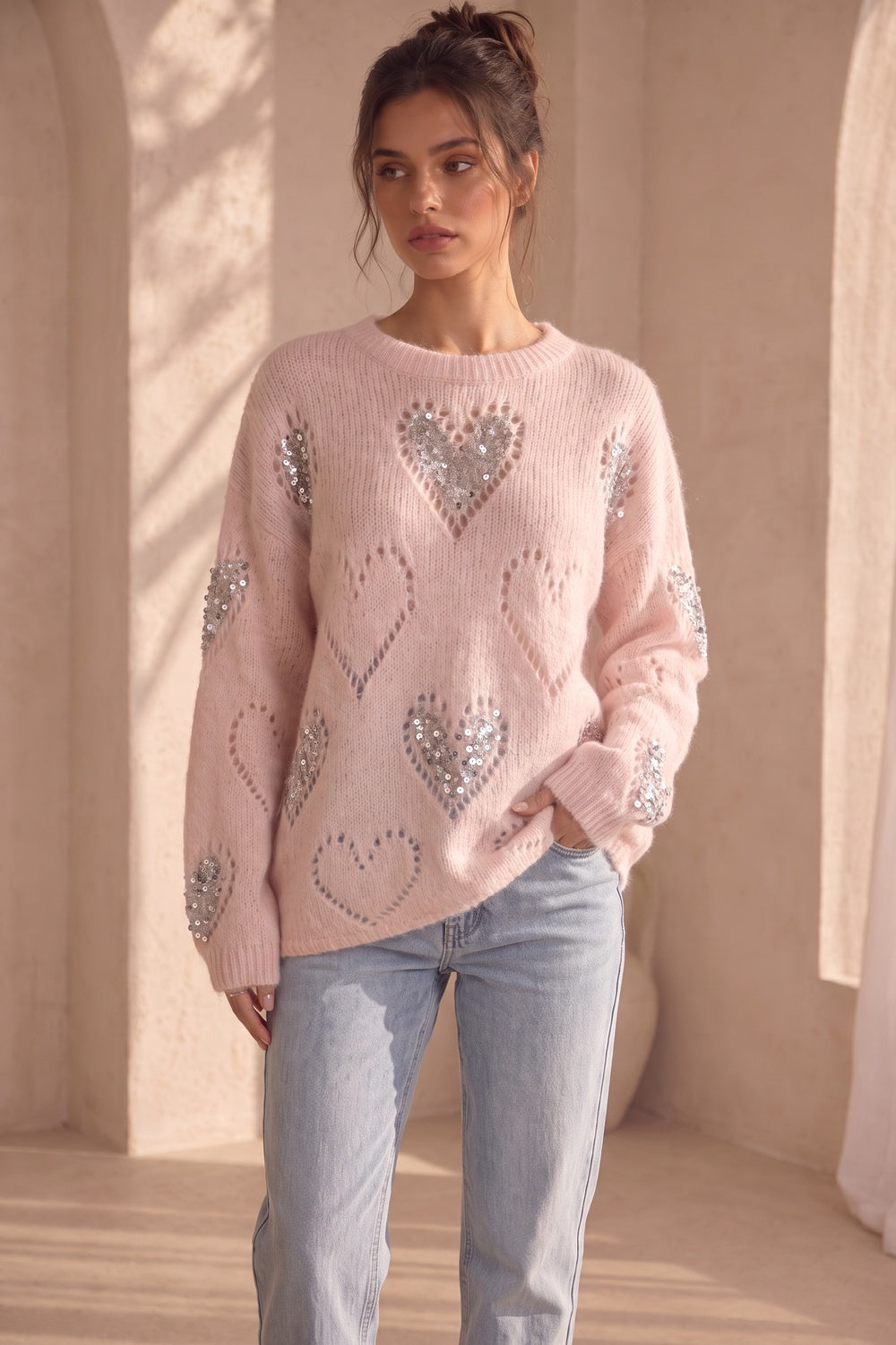 Pale Pink Fuzzy Mohair-Style Knit Oversized Sweater with Heart Motifs pale pink fuzzy mohair-style knit sweater - product view 9