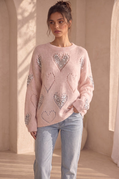 Pale Pink Fuzzy Mohair-Style Knit Oversized Sweater with Heart Motifs pale pink fuzzy mohair-style knit sweater - product view 9