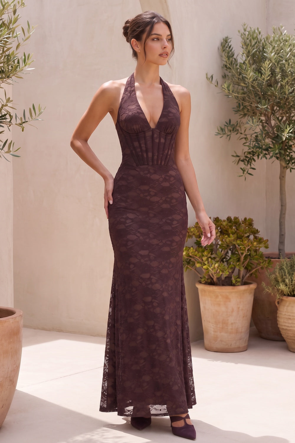 Dark Brown Floral Lace Mermaid Maxi Dress with Corset Bodice dark brown floral lace dress - product view 9