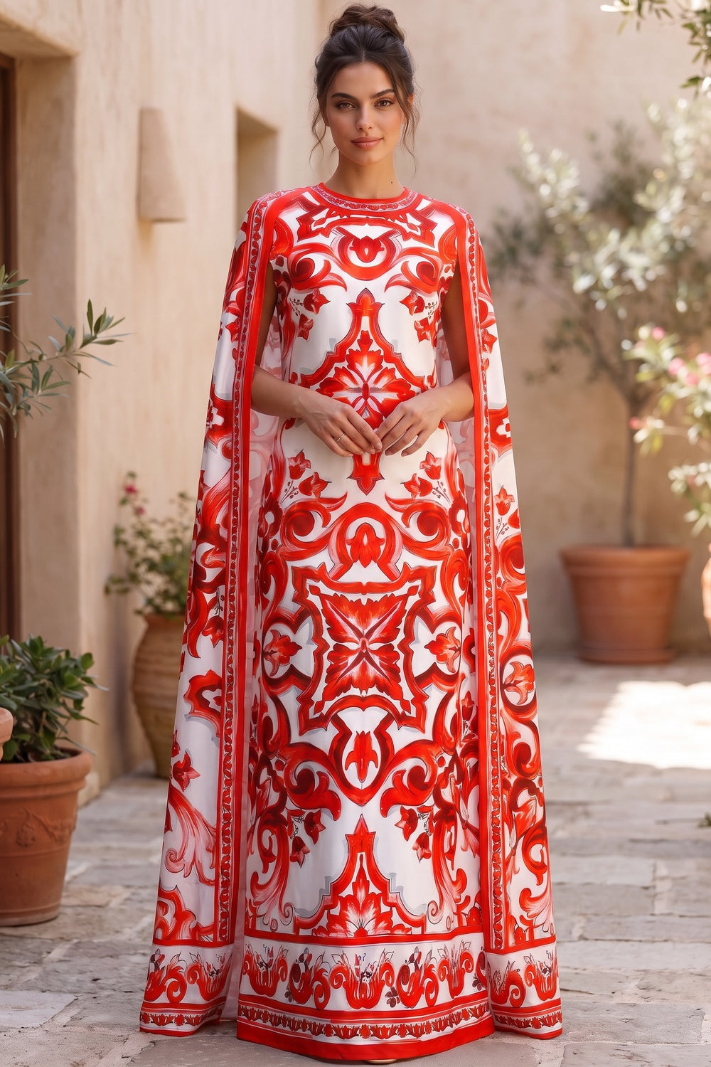 White Majolica Tile Print Cape Dress White Satin or silk crepe Cape dress - product view 9
