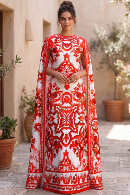 White Majolica Tile Print Cape Dress White Satin or silk crepe Cape dress - product view 9