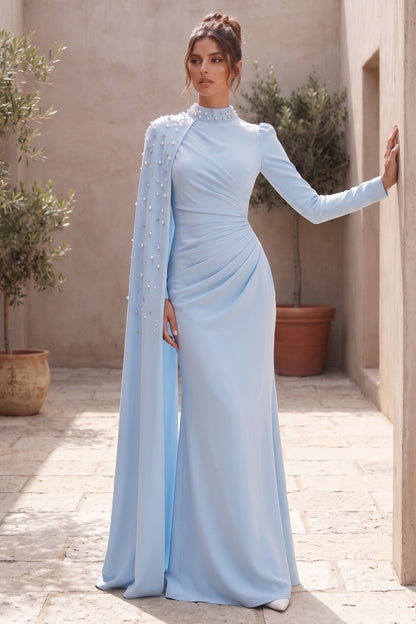 Light Blue Crepe Column with Asymmetrical Cape Evening Gown light blue crepe evening gown - product view 9
