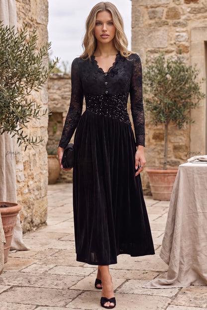 Black Velvet A-Line Midi Dress with Floral Lace and Sequin Waist black fluid velvet or heavy knit (skirt), floral lace (bodice and sleeves) dress - product view 9