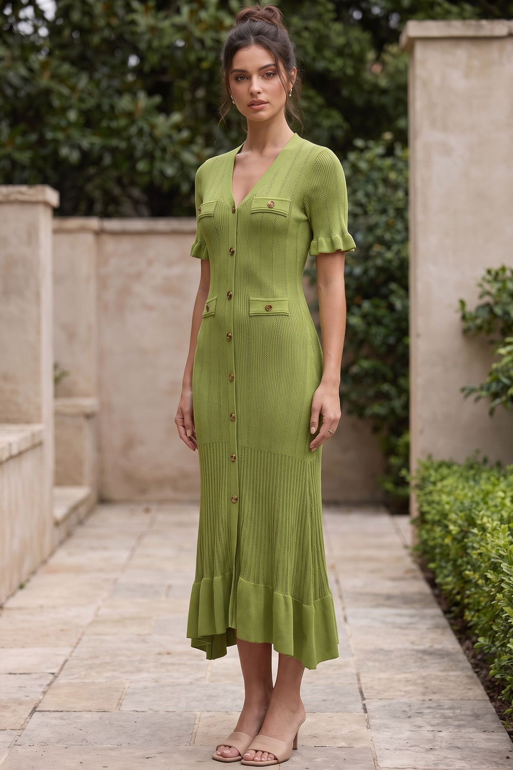 Olive Green Ribbed Knit A-Line Trumpet Midi Dress olive green ribbed knit dress - product view 9