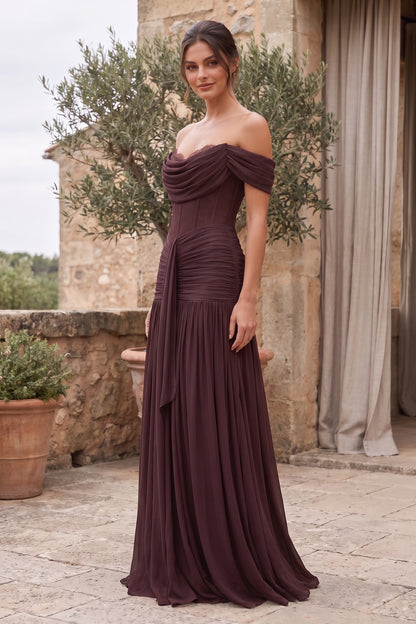 Chocolate Brown Chiffon Mesh Fitted Drop-Waist Gown chocolate brown chiffon mesh gown - product view 9