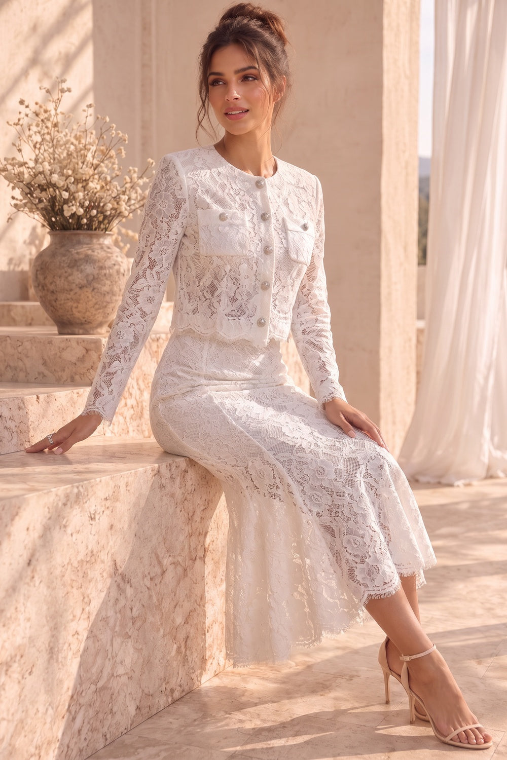 White Floral Corded Lace Two-Piece Skirt Suit White Floral corded lace Two-piece skirt suit - product view 9
