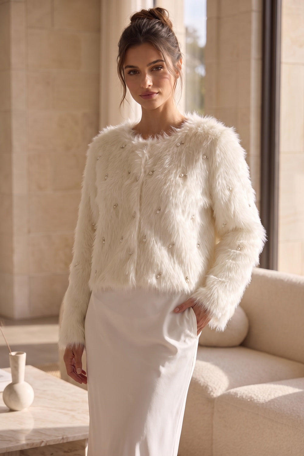 Off-White Faux Fur Shaggy Knit Cardigan With Pearl Embellishments off-white, cream faux fur / shaggy knit cardigan - product view 9
