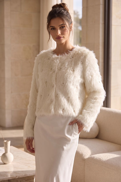 Off-White Faux Fur Shaggy Knit Cardigan With Pearl Embellishments off-white, cream faux fur / shaggy knit cardigan - product view 9