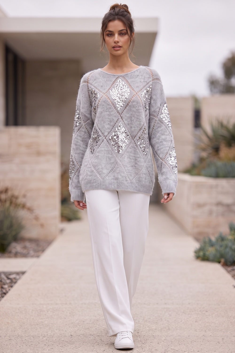 Light Grey Sequin Diamond Oversized Mohair-Blend Sweater light grey fuzzy mohair-blend knit sweater - product view 9