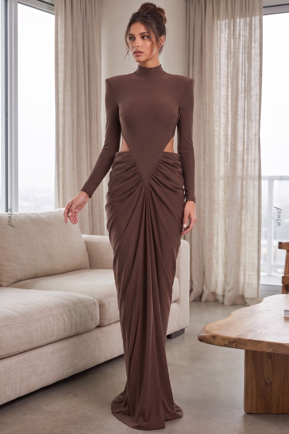 Chocolate Brown Matte Jersey Column Gown with Structured Shoulders chocolate brown matte stretch jersey gown - product view 9