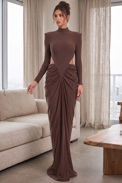 Chocolate Brown Matte Jersey Column Gown with Structured Shoulders chocolate brown matte stretch jersey gown - product view 9