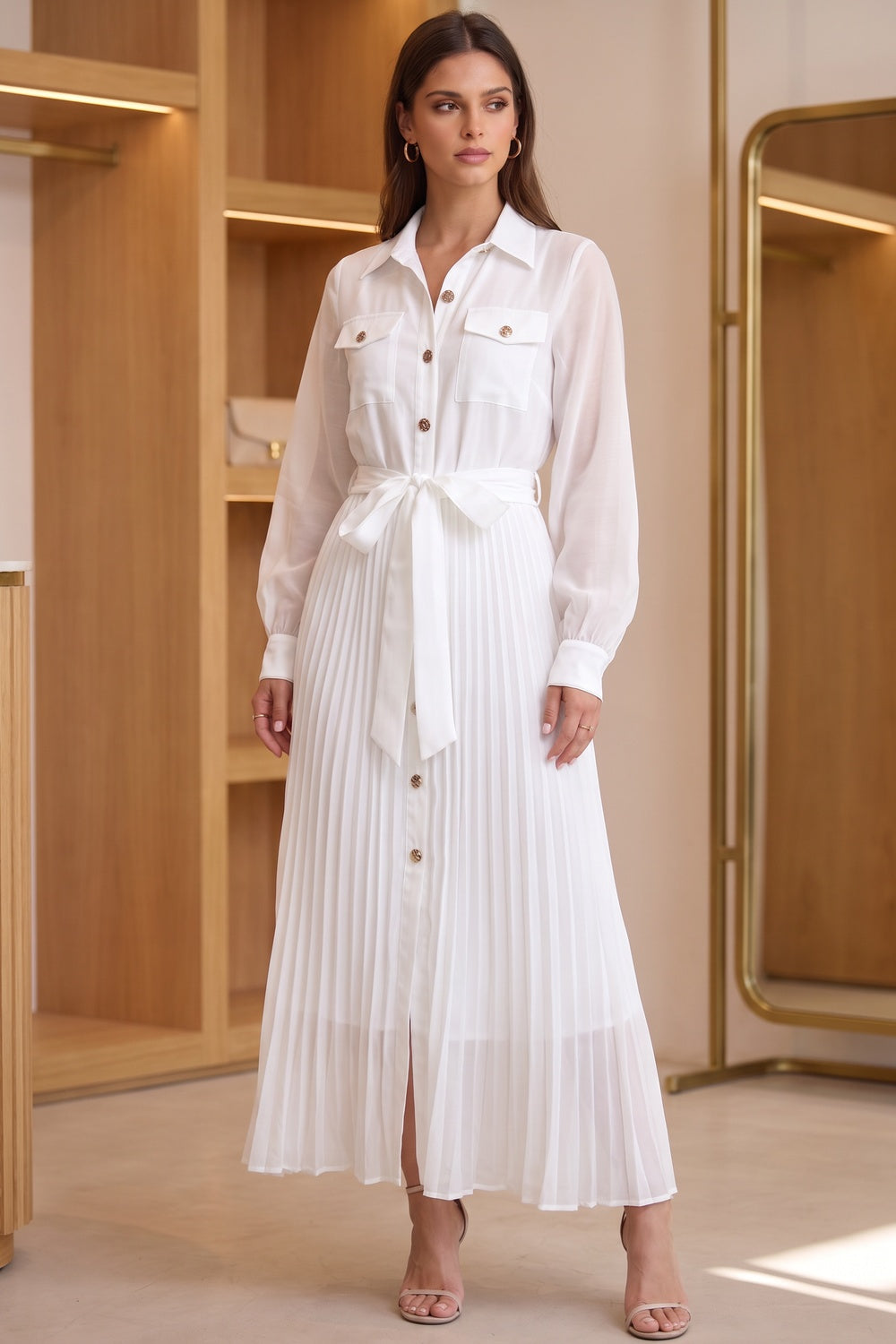 White Semi-Sheer Chiffon Pleated Shirt Dress white semi-sheer chiffon pleated shirt dress - product view 9
