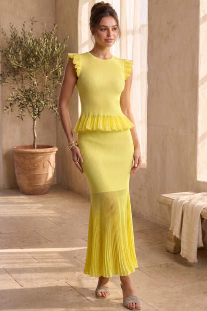 Lemon Yellow Ribbed Knit Mermaid Peplum Two-Piece Set lemon yellow ribbed knit two-piece set - product view 9
