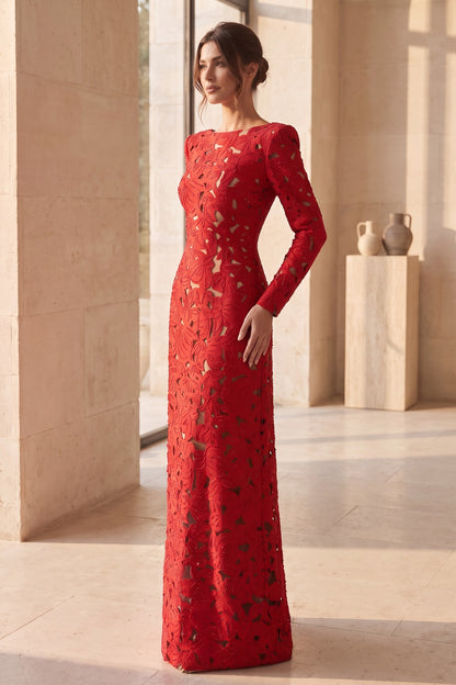 Red Laser-Cut Structured Fabric A-Line Gown red laser-cut structured fabric gown - product view 9