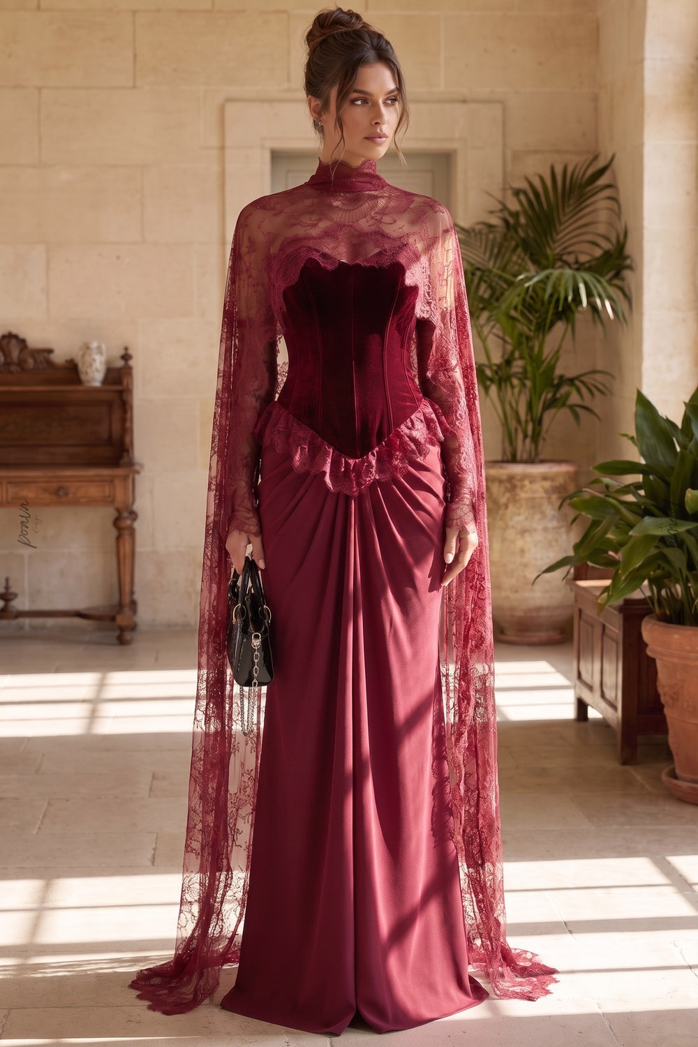 Burgundy Velvet Corset Evening Gown with Lace Cape Overlay burgundy velvet (bodice), fluid crepe/satin (skirt) evening gown - product view 9