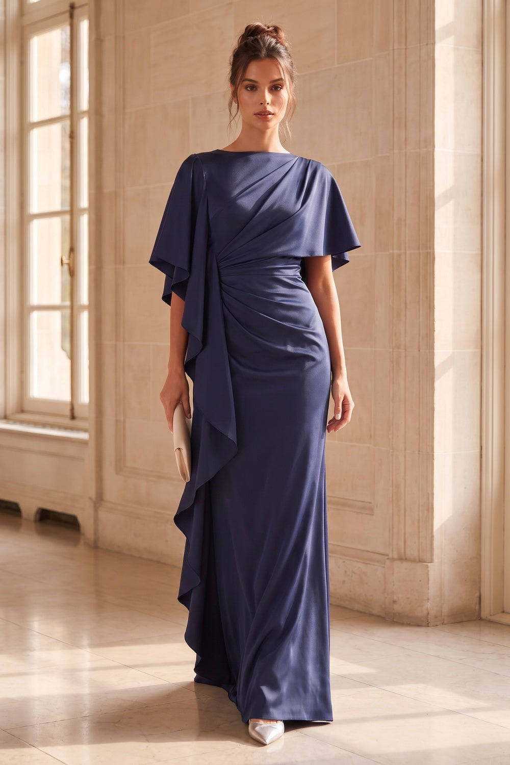 Navy Blue Satin Column Evening Gown with Asymmetrical Drape navy blue satin evening gown - product view 9