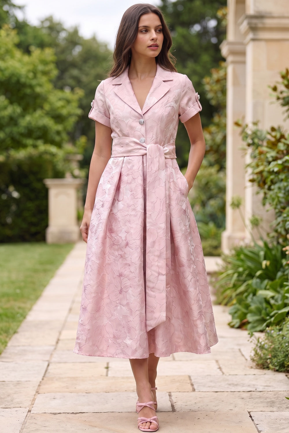 Pale Pink Floral Jacquard Fit-and-Flare Midi Dress with Metallic Sheen Pale pink Floral jacquard / brocade Midi dress - product view 9
