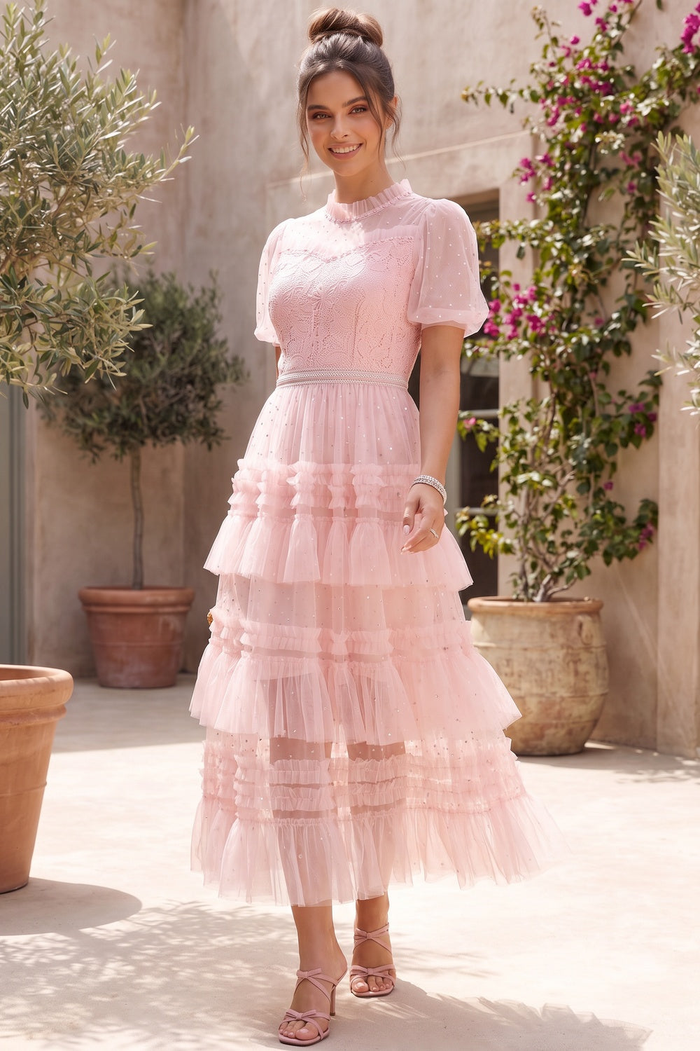 Light Pink Tulle A-Line Tiered Midi Dress light pink tulle midi dress - product view 9