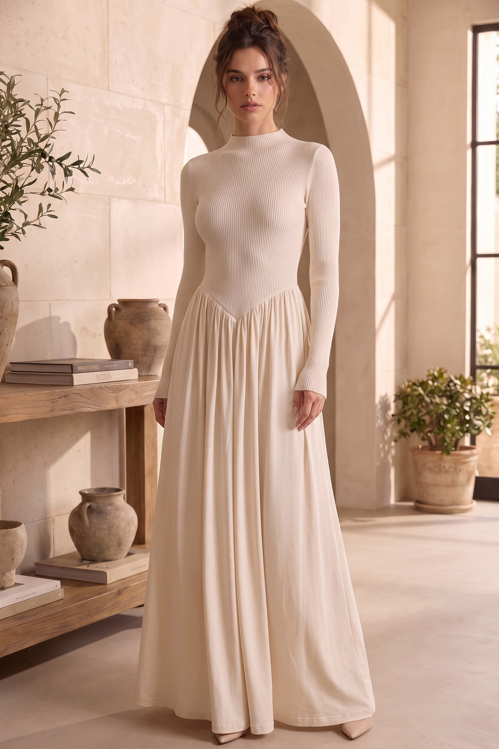 Cream Ribbed Knit Fitted Bodice with Gathered A-Line Skirt Dress cream ribbed knit dress - product view 9