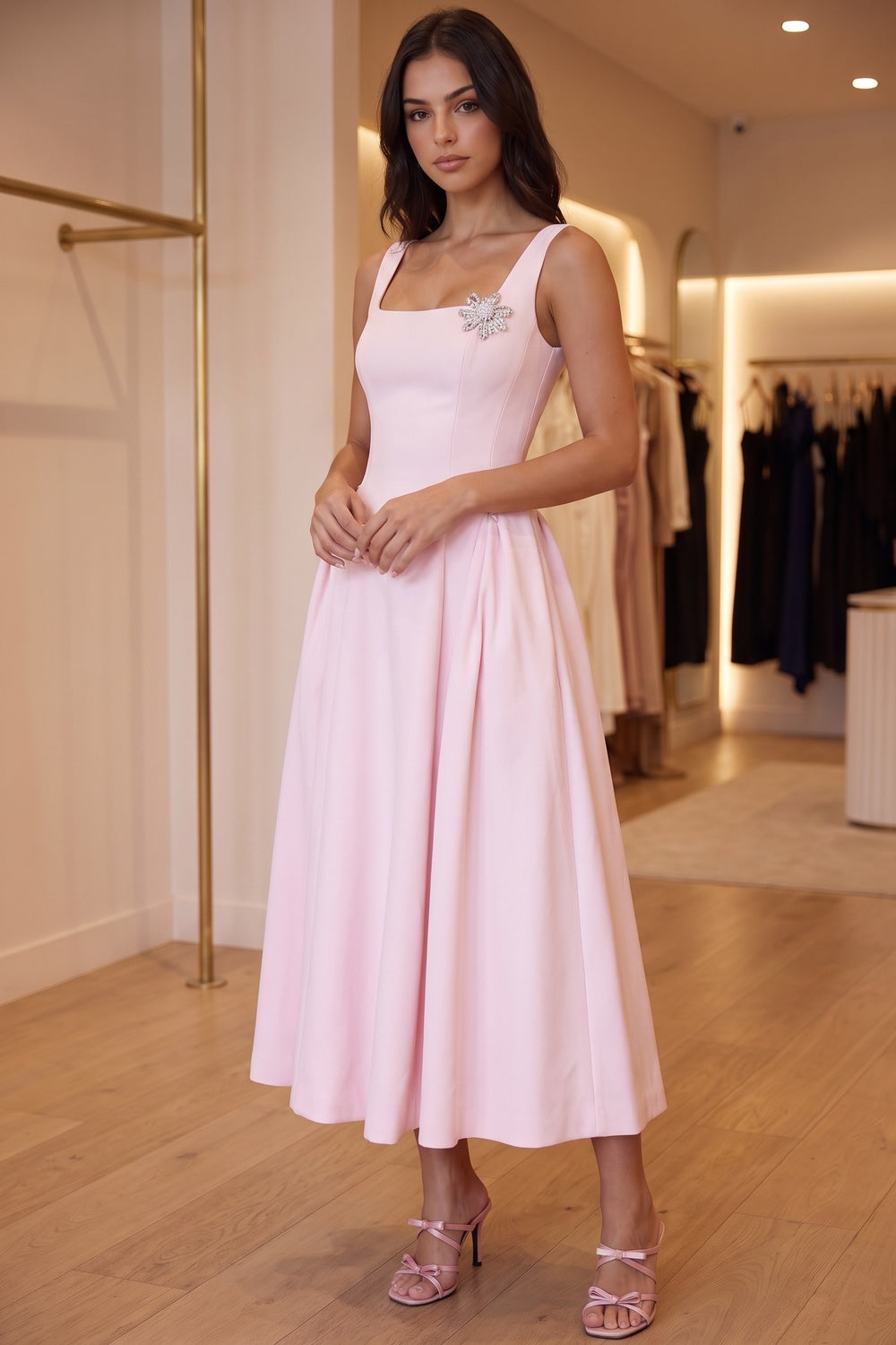 Light Pink Structured Satin Fit-and-Flare Midi Dress light pink structured mid-weight satin dress - product view 9