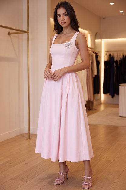 Light Pink Structured Satin Fit-and-Flare Midi Dress light pink structured mid-weight satin dress - product view 9