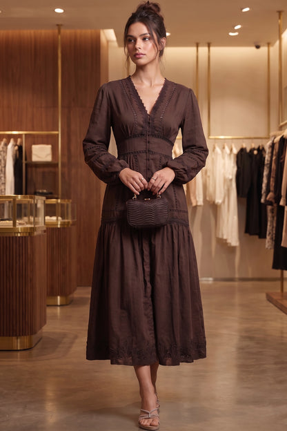 Chocolate Brown Cotton A-Line Tiered Midi Dress with Lace Inserts chocolate brown cotton woven dress - product view 9