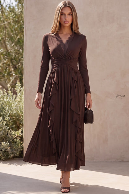 Dark Brown A-Line Maxi Dress with Lace Trim V-Neck and Cascading Ruffles dark brown lightweight knit jersey dress - product view 9