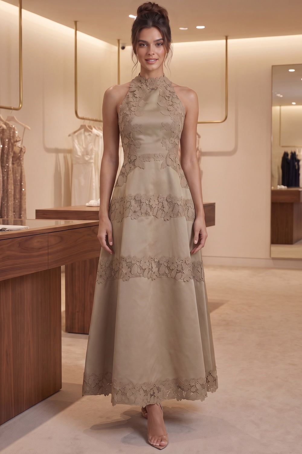 Taupe Structured Satin A-Line Midi Dress with Lace Band Detail taupe structured satin or taffeta dress - product view 9