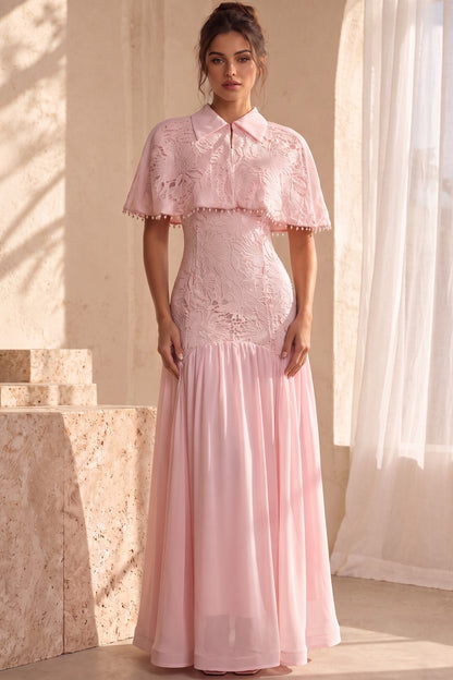 Pastel Pink Floral Lace Fitted Bodice with Flared Mermaid-Style Skirt Dress with Matching Capelet pastel pink floral lace dress with matching capelet - product view 9