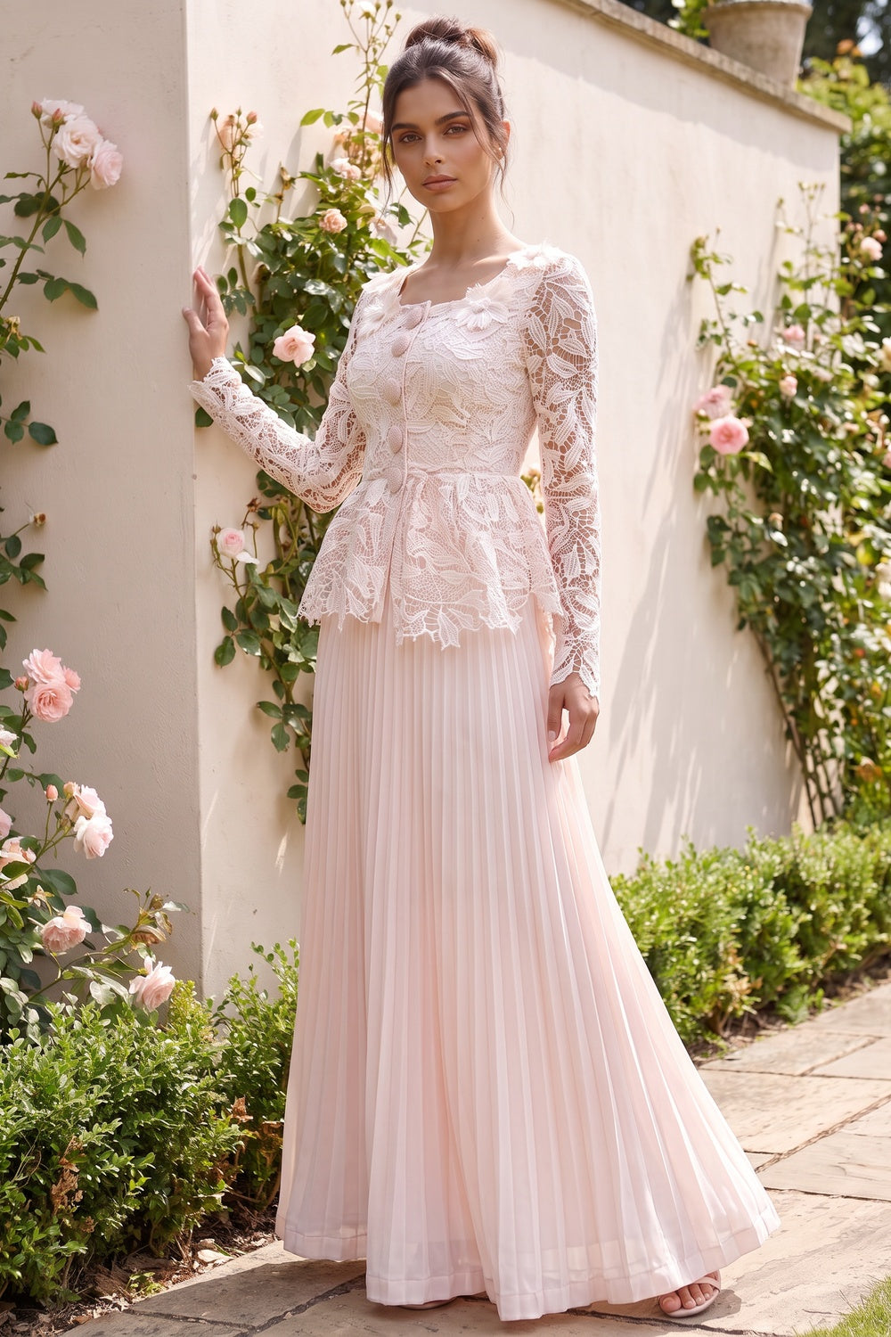 Pale Blush Pink Lace Fitted Peplum Top with A-Line Maxi Skirt Two-Piece Set pale blush pink lace two-piece set - product view 9