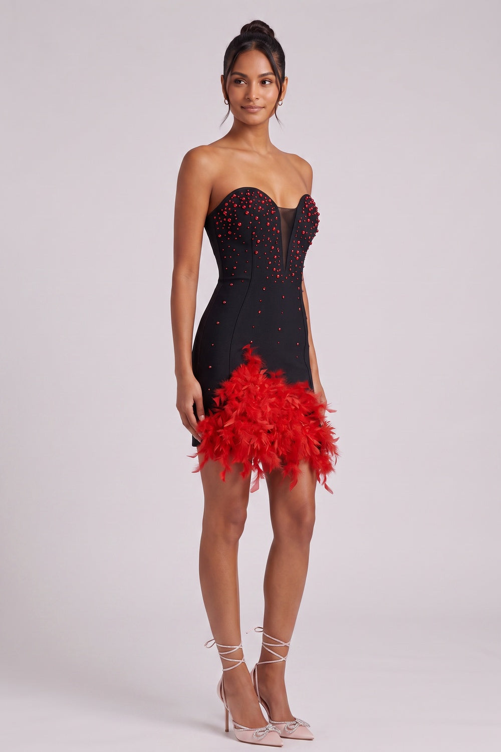Black Heavy Stretch Knit Bodycon Mini Dress with Red Feather Trim black heavy stretch knit dress - product view 3